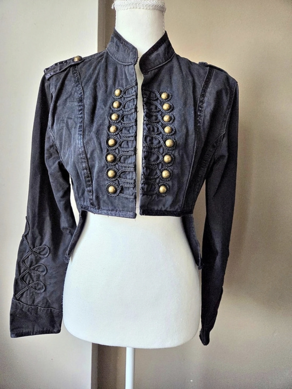 RubberDoll Black Military Cropped Jacket Brass Buttons Women’s L